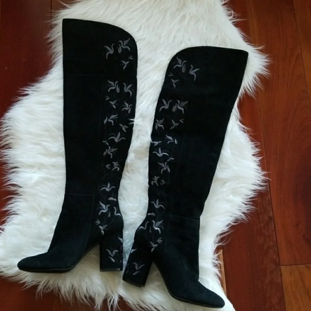 Sexy Knee High Boots Black Flower Embroidery Claire Womens Size 8.5